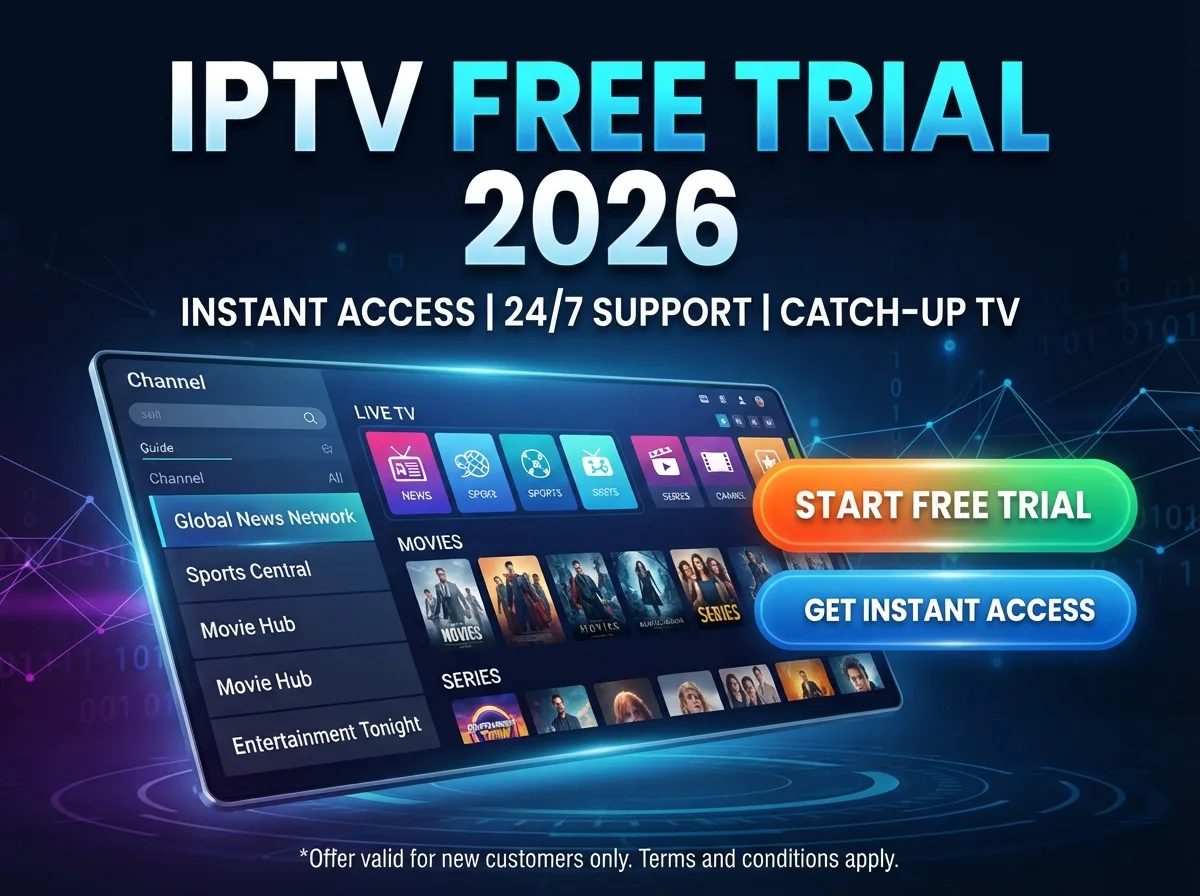 IPTV free trial being tested on a Smart TV with live sports in 4K and the program guide open