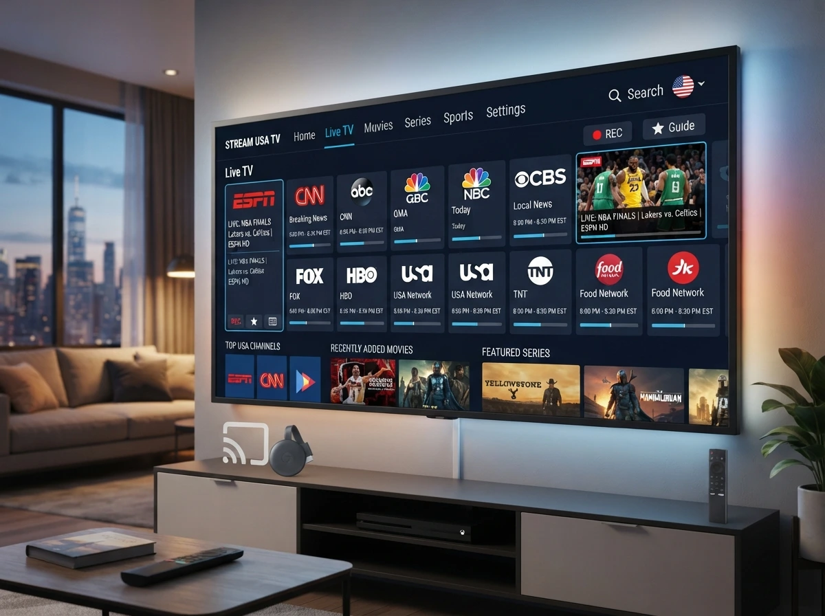 IPTV for USA households streaming live sports, kids shows and international channels in 4K